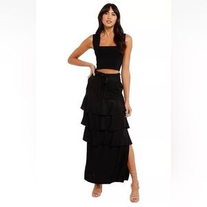 Manning Cartell High Notes Maxi Skirt Black Satin Ruffled Waist Tie Size US6 AU8